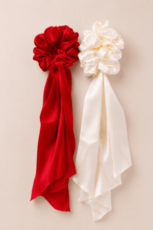 MIVINA Satin Hair Bow Combo - Red & White (Pack of 2) | Long Tail