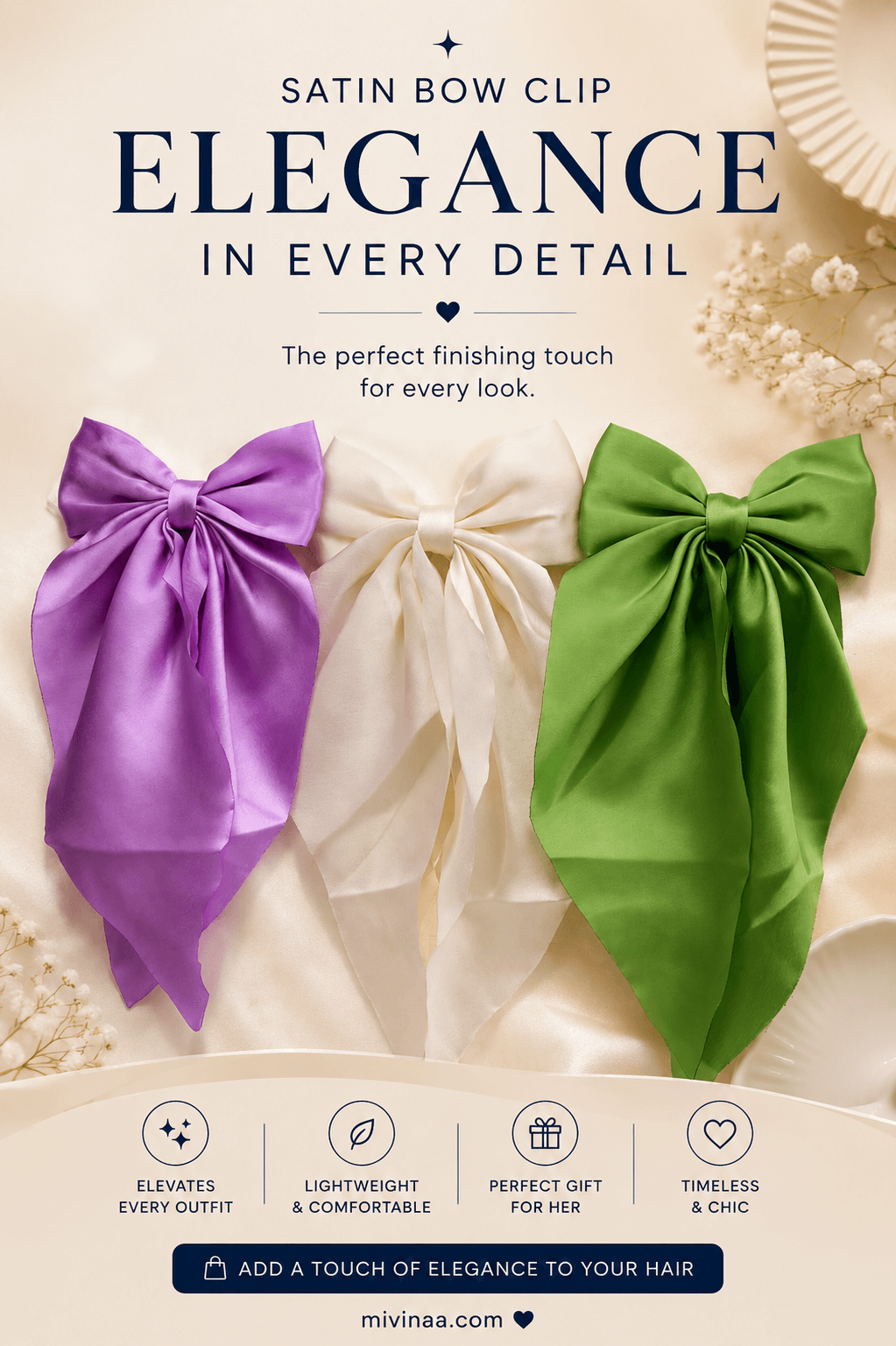 MIVINA Satin Hair Bow Combo - Purple, Cream & Green (Pack of 3)